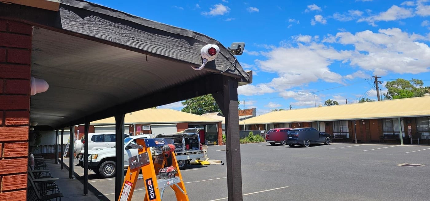 CCTV camera installed beneath the eaves at Country Mile Motor Inn
